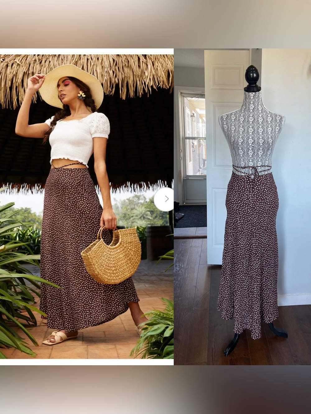 New Large Mango Polka Dot Tie Waist Skirt. Brown.